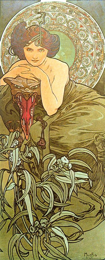 Tall Art Nouveau panel by Alphonse Mucha showing a woman leaning forward with her chin on her hand, seated before a circular, lace-like halo; she wears flowing green drapery and a flower in her hair, with a slender hairpin rising like a staff; a carved red-brown armrest sits beside her; mistletoe with pale berries and long curving leaves fills the lower foreground; the palette is dominated by varied greens with warm accents.