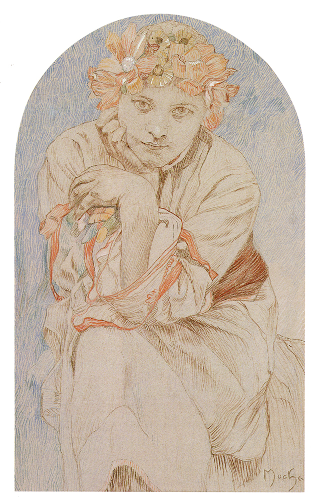 Arched drawing by Alphonse Mucha showing a seated young woman with a flower crown, chin resting on her hand, wearing a loose blouse with red-edged seams; soft colored-pencil hatching models the face and flowing garments against a wavy blue background.