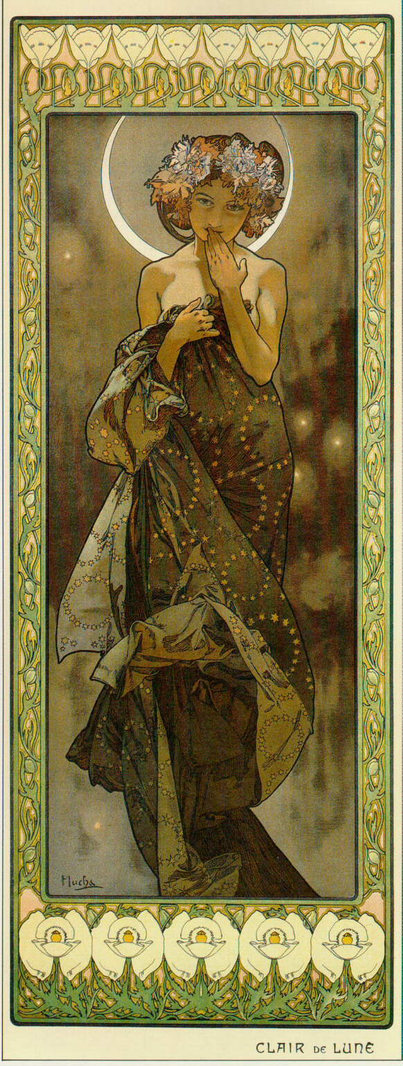 Vertical Art Nouveau panel by Alphonse Mucha showing a bare-shouldered woman crowned with flowers standing before a dark sky, a silver crescent halo behind her head; she gathers star-patterned drapery around her body and lifts a hand toward her lips, all framed by green stems and rows of pale blossoms with the inscription “Clair de lune” at the bottom.