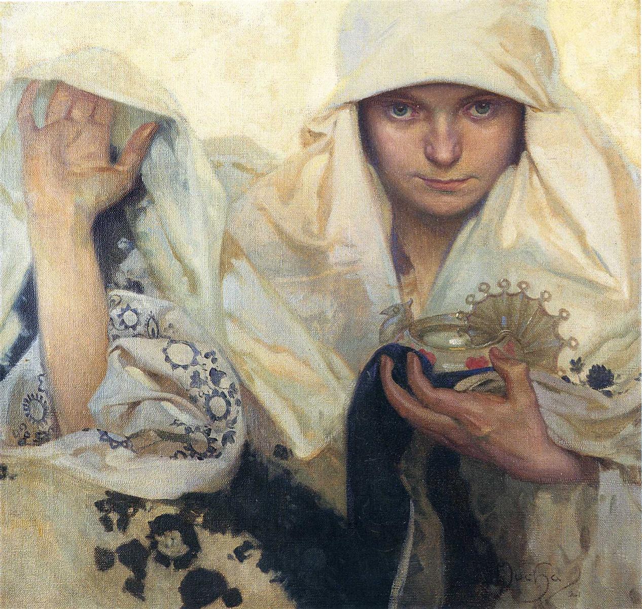 Close, square portrait by Alphonse Mucha of two veiled women in cream drapery; the central figure meets the viewer’s gaze while holding a shallow glass bowl with a small crown-like emblem, and the other lifts a hand under her veil. Soft light, patterned sleeves, and restrained colors create a quiet, ceremonial mood.