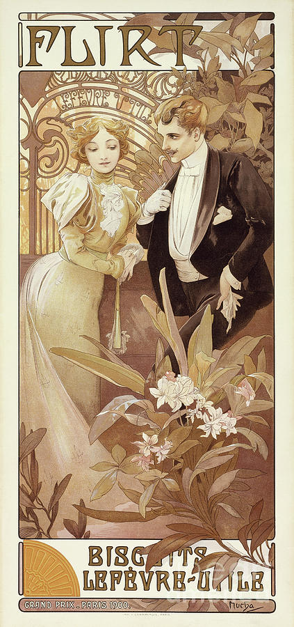 Tall Art Nouveau poster by Alphonse Mucha showing a young woman in a pale gown and gloves conversing with a tuxedoed man in a lush garden; looping ironwork and flowers frame the couple, the title “FLIRT” crowns the scene, and a biscuit emblem with the words “Biscuits Lefèvre-Utile” anchors the bottom, printed in warm creams, browns, and greens, 1899.