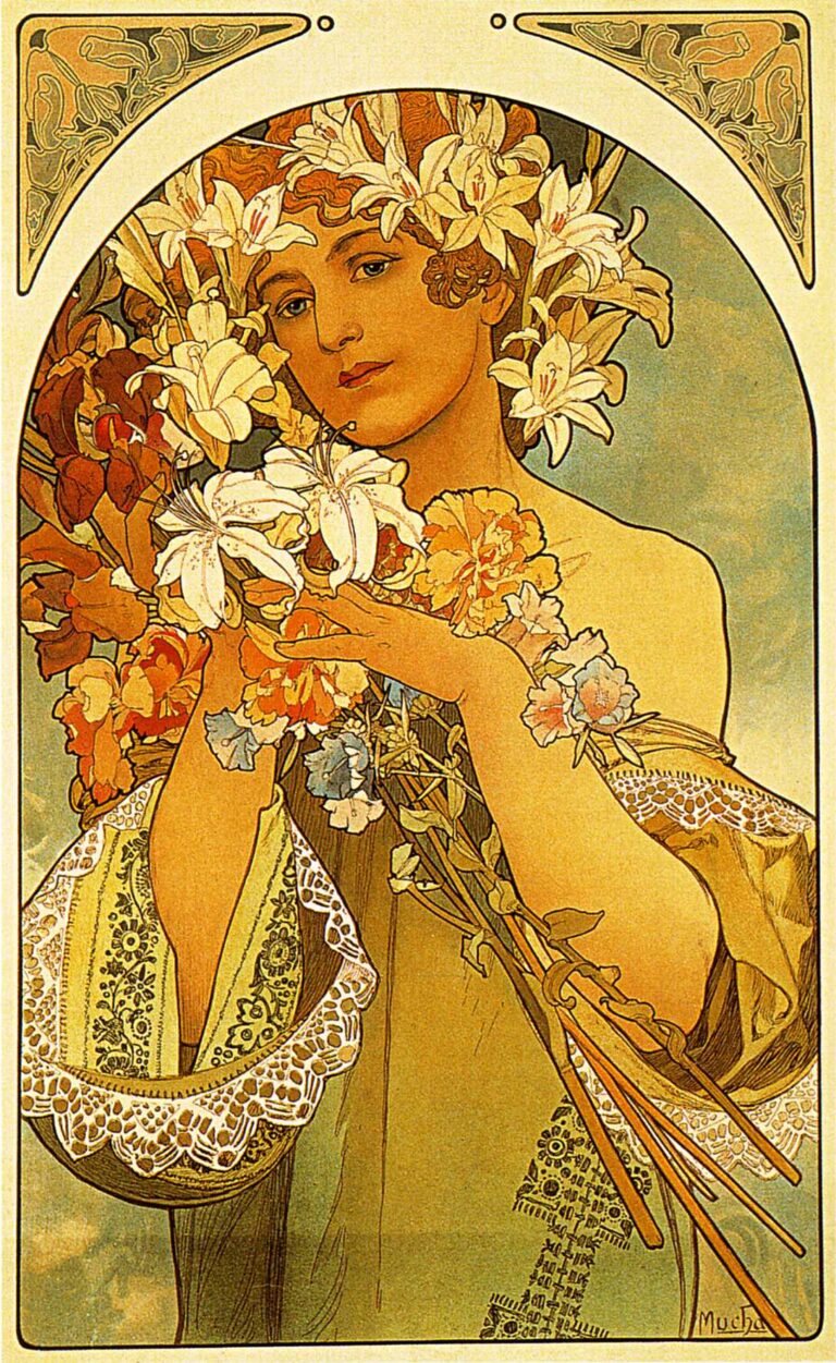 Tall Art Nouveau panel of a young woman crowned with white lilies, holding a lush bouquet against a soft blue-green background. She wears embroidered, lace-trimmed sleeves; stems and petals cascade across the frame beneath an arched border with patterned spandrels. Warm ochres and creams dominate; signed “Mucha,” 1897.