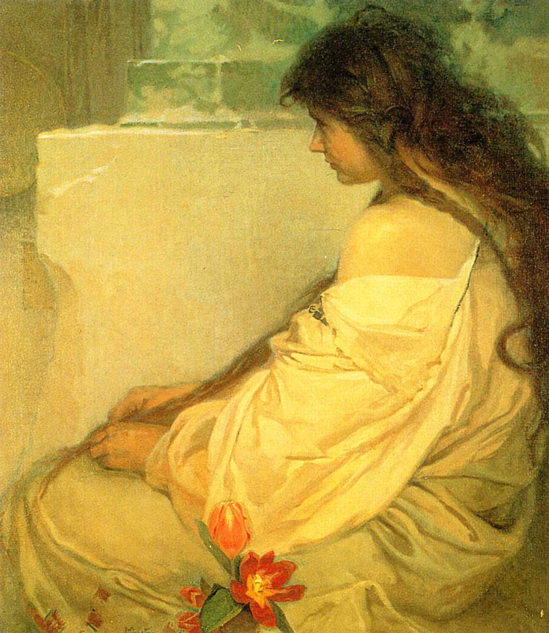 Side-profile painting of a young woman seated with loose brown hair and a cream garment slipping from her shoulder; she looks down in quiet reflection beside a pale wall and greenish window ledge, while two red-orange tulips lie at the lower edge. Warm creams and soft greens create a calm, intimate atmosphere.