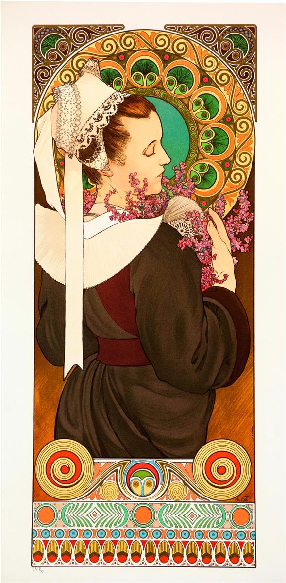Art Nouveau panel by Alphonse Mucha showing a woman in profile wearing a lace coif with long ribbons, holding pink heather sprays before a large green-and-gold circular halo, framed by ornate geometric patterns over a richly decorated base in coral, teal, and gold.
