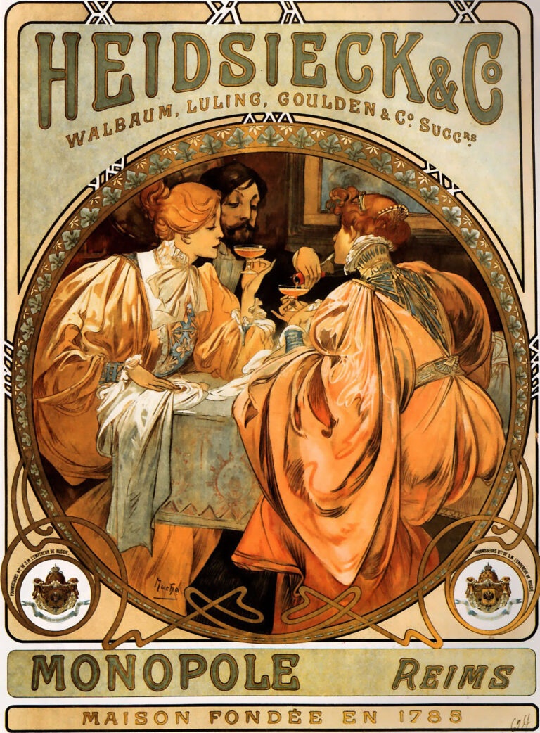 Art Nouveau poster by Alphonse Mucha showing two elegantly dressed women and a mustached man toasting champagne inside a circular frame; flowing golden-orange gowns, ruffled collars, and coupe glasses in a salon setting. An ornate looping border encloses large “HEIDSIECK & Co” lettering, small coats of arms, and the words “MONOPOLE,” “REIMS,” and “Maison fondée en 1785.”
