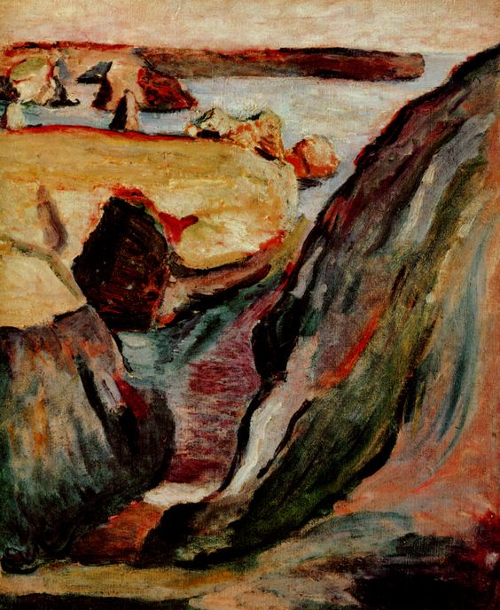 A steep coastal inlet with two massive rock walls in the foreground—one green-violet at right, one dark at left—divided by a narrow channel of layered teal, maroon, and gray water; beyond lies an ochre cliff shelf and a pale horizon under a light sky, all painted with bold, directional strokes.