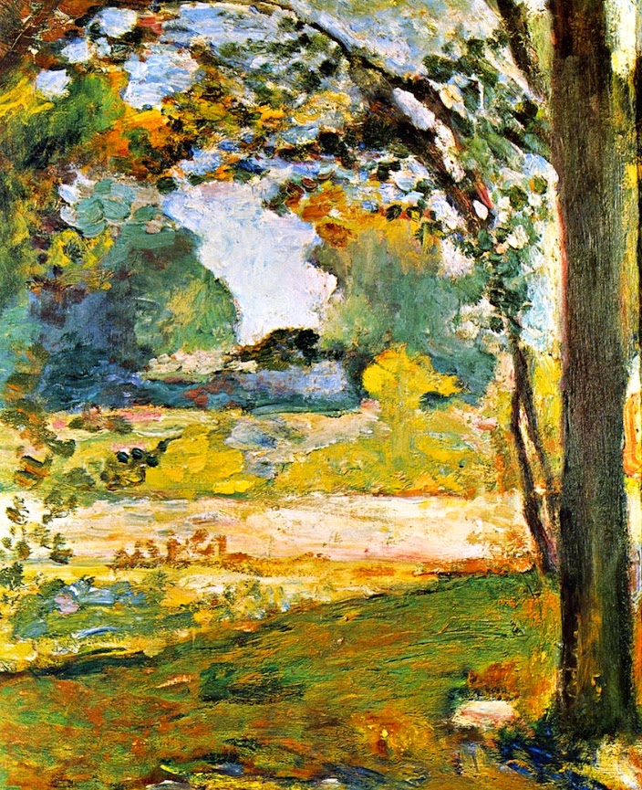 Sunlit landscape with a tall tree trunk along the right edge, a curved canopy of leaves across the top, and a bright meadow beyond; thick strokes of yellow, green, blue, and white create forms without hard contours, suggesting a warm afternoon in southern France.