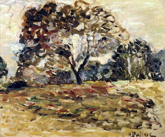Sunlit Corsican field with a large tree at center painted in thick, swirling strokes of brown, olive, and cream; light yellow grasses ripple across the foreground, and soft trees mass at right under a pale sky; forms are defined by color and texture rather than precise outlines.