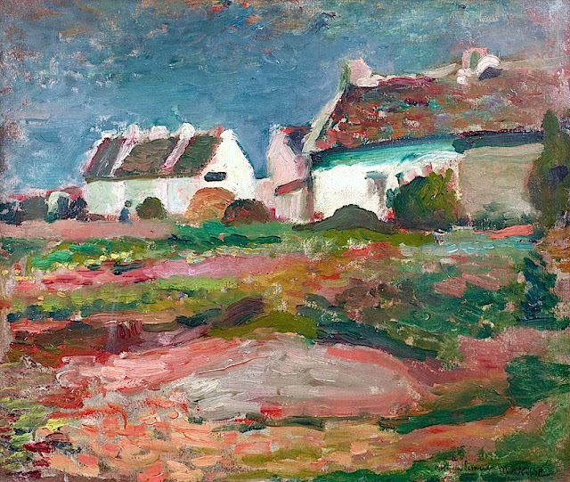 A sunlit Breton village with three white houses under a blue, textured sky; the foreground is a lively field of pink, red, and green strokes, bushes flank the buildings, and the roofs mix brick reds and greens, all painted with loose, energetic brushwork.