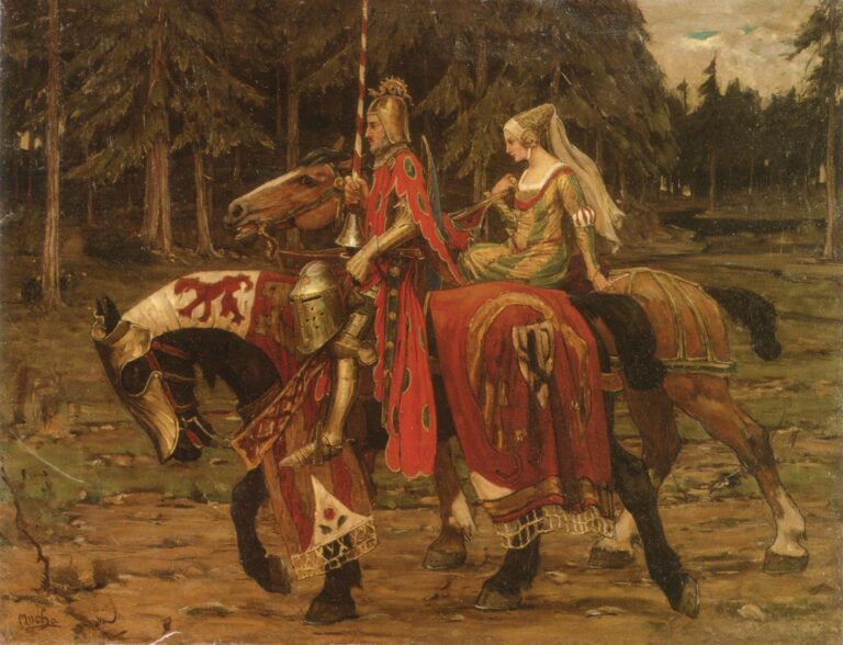 Oil painting by Alphonse Mucha showing a medieval procession through a pine forest: a squire leads a caparisoned horse, a crowned knight in red rides beside a lady seated side-saddle on a brown horse, all draped in heraldic textiles of red, gold, and green.
