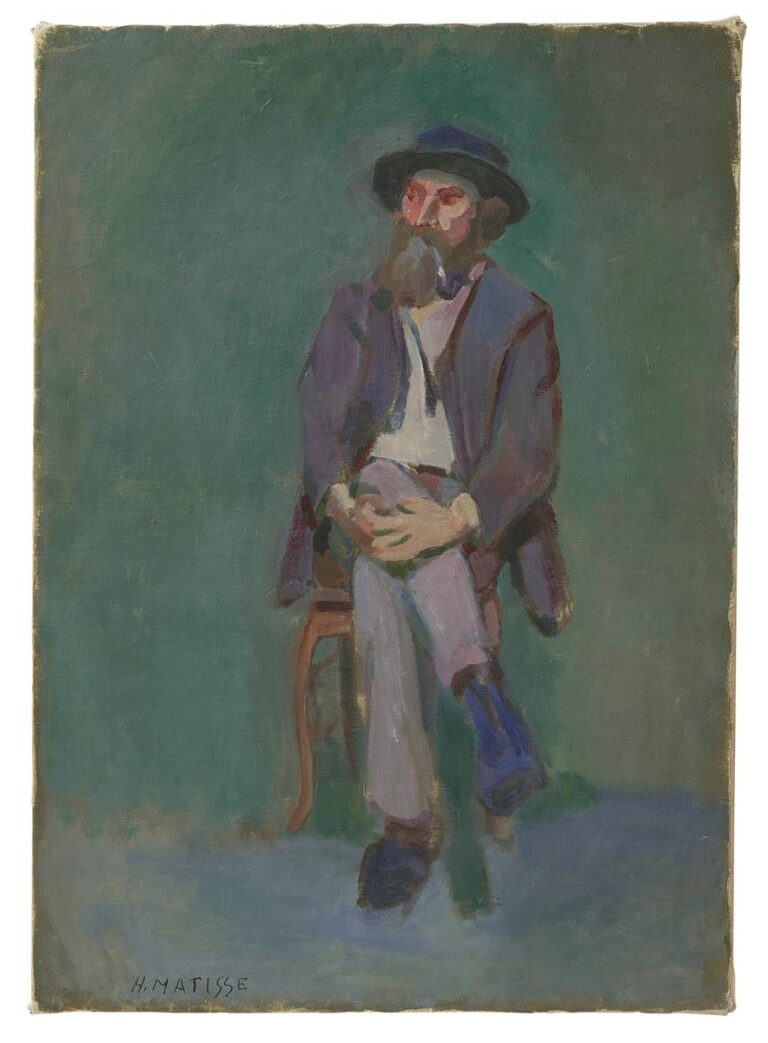 Full-length portrait of a bearded man in a dark hat and jacket seated on a simple wooden chair against a flat green background; hands folded over one knee, legs crossed, painted in broad muted violets, blues, and greens with soft edges and minimal detail.