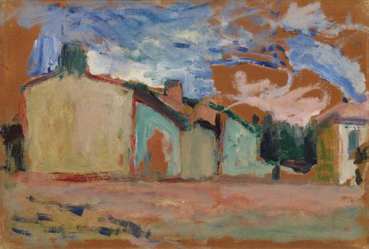 Sunlit village scene with simplified house blocks painted in pale green and cream against a sienna ground; the sky is scumbled with blue, white, and pink, and the street is a warm ochre with turquoise touches. Forms have soft edges and are defined by color rather than outline.