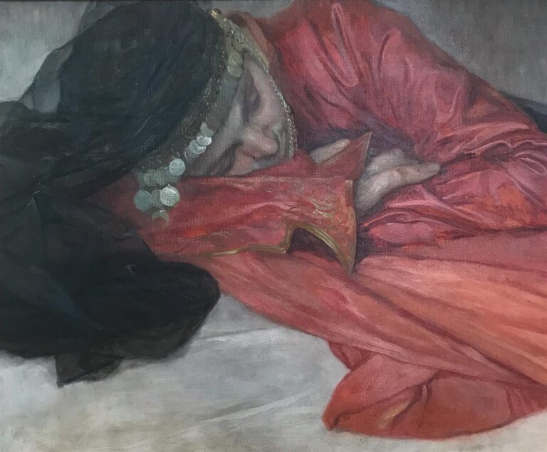 Oil painting of a sleeping young woman wearing a black veil with a chain of coins across her forehead, dressed in red satin with gold-embroidered cuffs, lying on her side with arms folded; close-cropped composition emphasizes luminous fabric, soft light, and a calm, intimate mood.