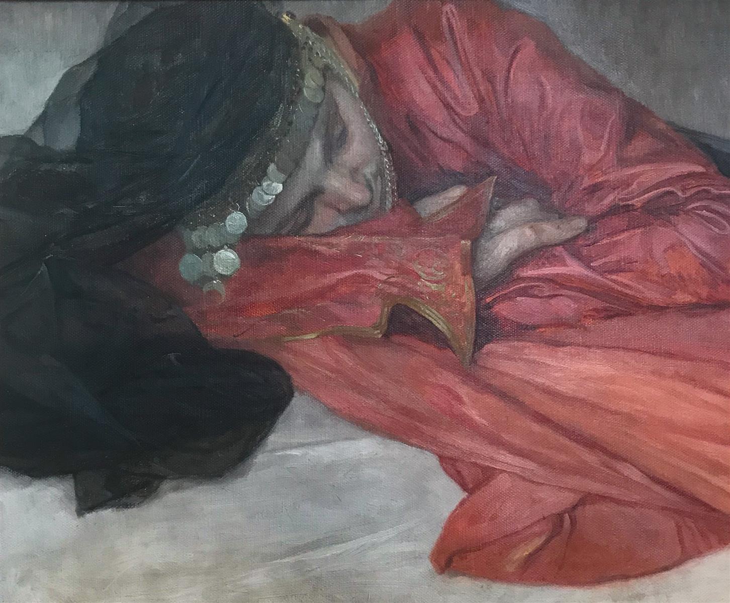 Oil painting of a sleeping young woman wearing a black veil with a chain of coins across her forehead, dressed in red satin with gold-embroidered cuffs, lying on her side with arms folded; close-cropped composition emphasizes luminous fabric, soft light, and a calm, intimate mood.