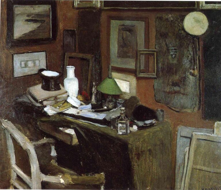 A dim studio corner with a cluttered desk draped in dark cloth; papers, books, bottles, a white vase, and a small green-shaded lamp sit beside a glossy black top hat. Empty frames hang on brown walls, a chair is pulled near the table, and stacked canvases lean at the right, all painted in muted browns, greens, and grays.