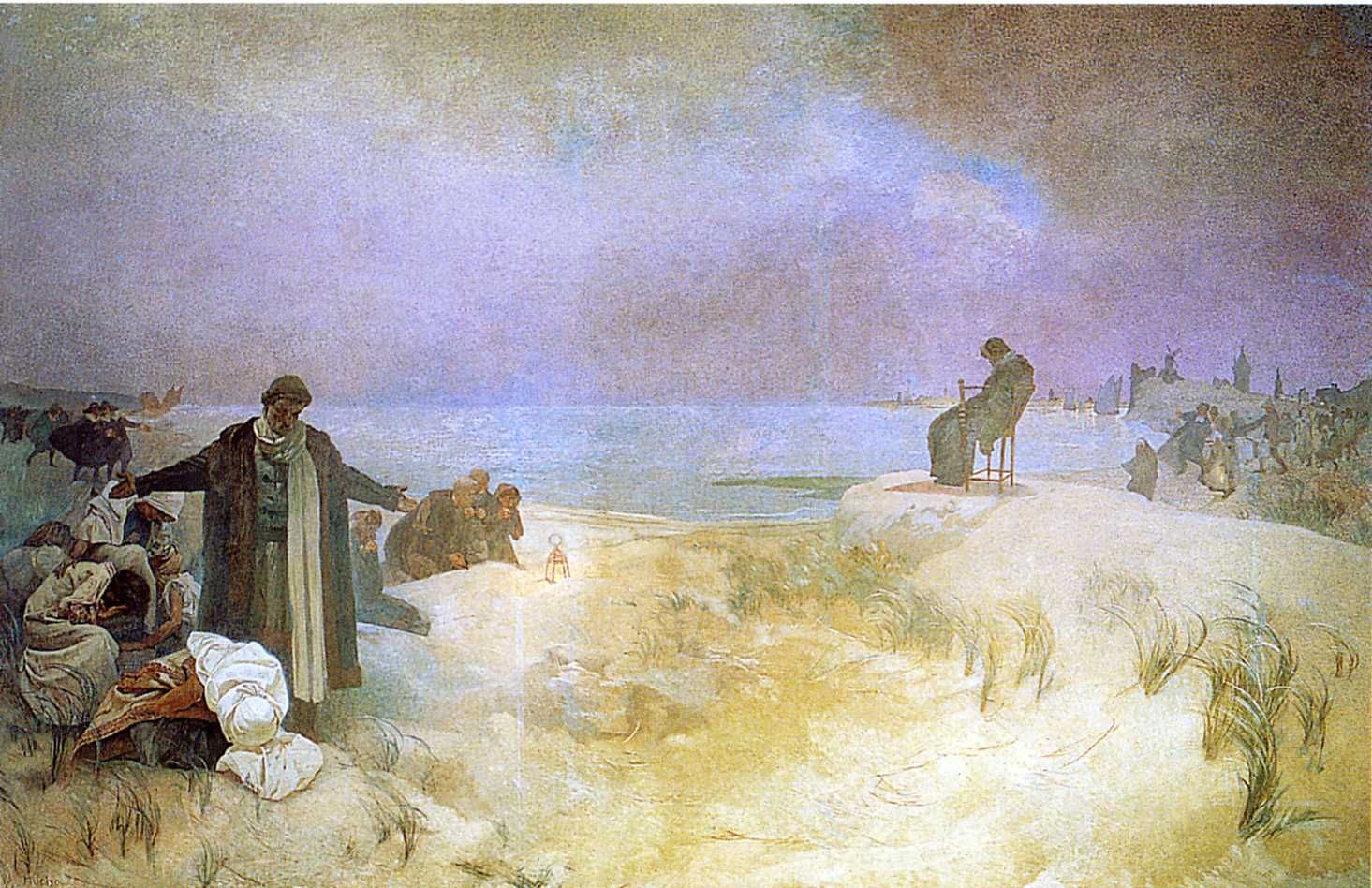 Windy coastal scene by Alphonse Mucha: Jan Amos Komenský sits alone on a simple chair atop a dune at right, head bowed; scattered groups of exiles cluster on the left near a small glowing lantern; grasses bend across pale sand, a cold sea stretches to the horizon, and distant ships, a windmill, and harbor lights mark the far shore under a violet sky.