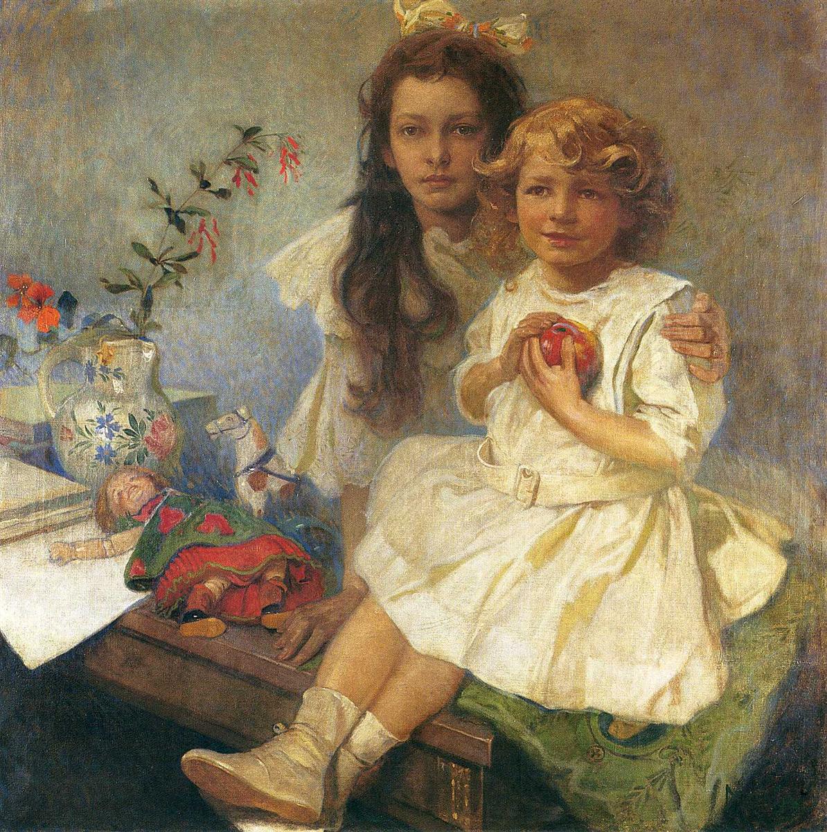 Two children sit close on a bench in a softly lit room. The older sister with a white bow rests her arm around her younger brother, who holds a red apple; both wear white dresses. At left a floral pitcher, a doll in folk costume, books, and a small toy horse sit on a table beside fresh flowers. The palette is warm and tender, with detailed textures in hair, fabric, and ceramics.