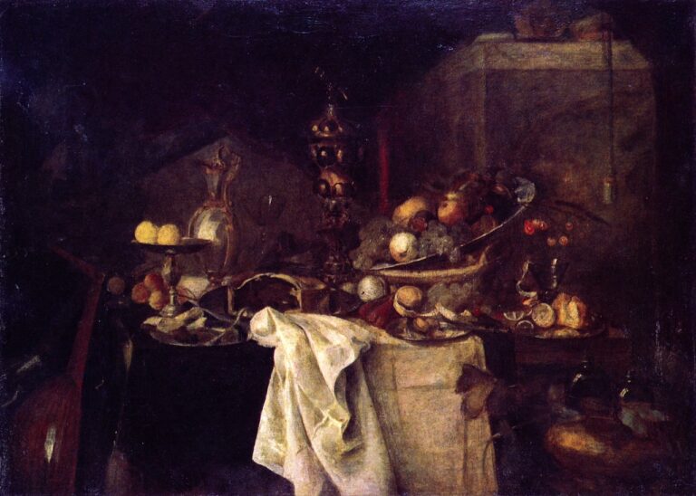 Dark banquet still life after de Heem with a crowded table of silver ewer, tall standing cup, grapes, citrus, oysters, glassware, and a white cloth spilling over the edge, a lute at left and deep shadowed background, painted by Henri Matisse in 1893.