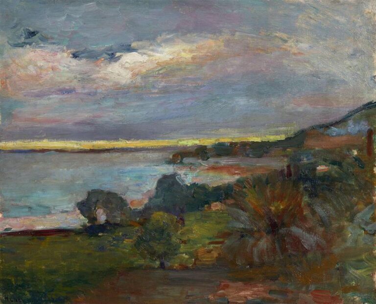 Twilight view from a hillside on the Corsican coast: a dark foreground of shrubs and trees descends to water at left, while a band of bright yellow light runs along the distant horizon beneath a wide sky of layered gray, blue, and rose brushstrokes.