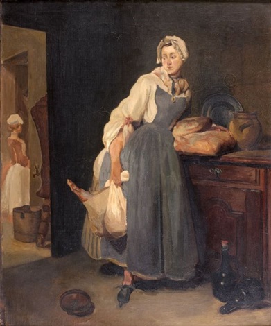 Interior scene of a maid in blue-gray dress and white shawl leaning against a kitchen sideboard with bread, pots, and a bottle; she holds a trussed chicken and a sack while another maid works in a room beyond a doorway, after Chardin.