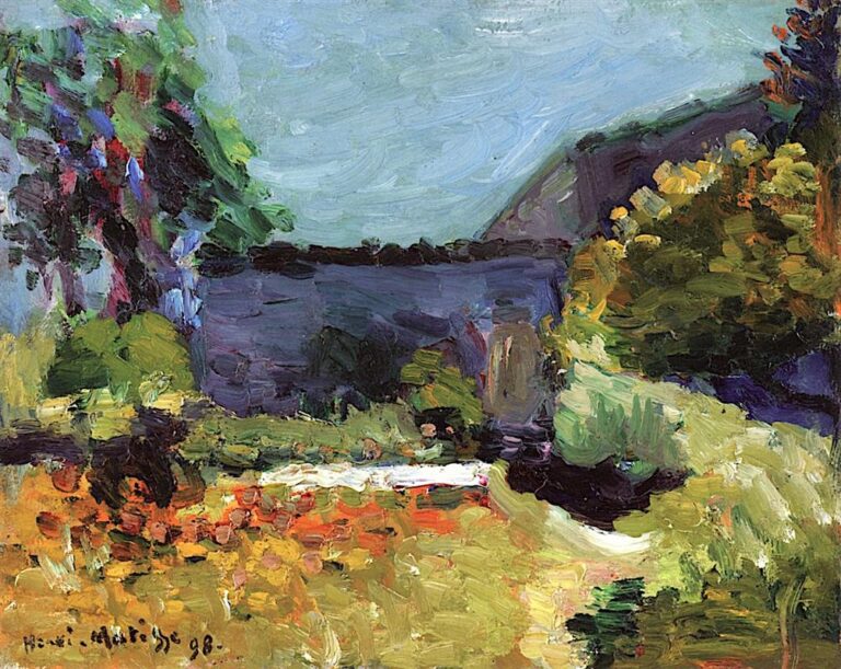 Small landscape with a bright, ochre-green foreground, a dark blue strip across the middle, and trees at left and right painted in thick strokes of green, red, purple, and blue; pale turquoise sky above. Brushwork is dense and textured, with forms defined by color rather than outline.