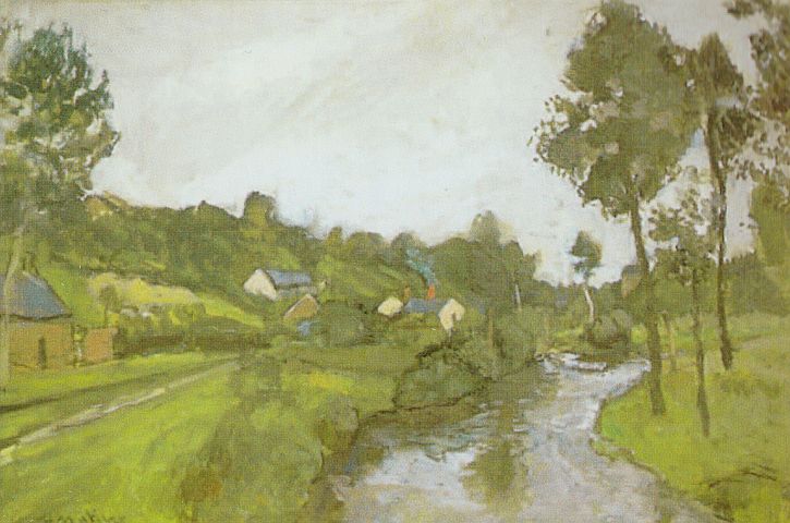 Soft northern landscape with a high milky sky, a silvery river curving through green meadows, pale-roofed cottages on a left hillside, and tall trees framing the right bank; muted greens and ochres painted with scumbled sky and knitted foliage create a calm, atmospheric scene.