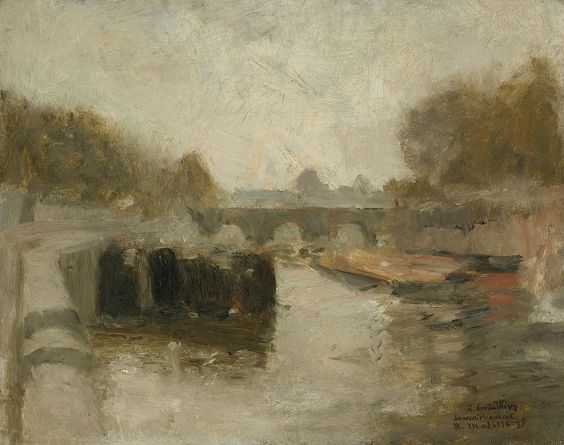 Misty river landscape by Henri Matisse showing a low stone bridge, hazy trees, and reflective water painted in soft grays and olive browns, with subdued light and gentle brushwork (1895).