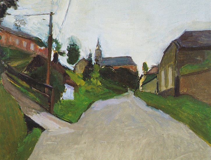 Pale road rising toward a distant church steeple under a large white sky, with green slopes and simple house façades leaning inward on both sides; a telegraph pole and wires at left; muted greens, ochres and gray-blue tones painted in broad, simplified planes.