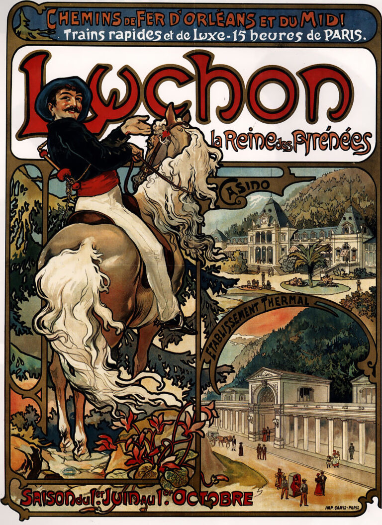 Art Nouveau travel poster by Alphonse Mucha advertising Bagnères-de-Luchon. Foreground: local horseman on a rearing white horse. Background: framed views of a grand casino and thermal bath complex set in mountain gardens. Large red “Luchon” lettering, railway banner at top, and season dates at bottom; flowing decorative border and earth-toned palette. 1895 lithograph.