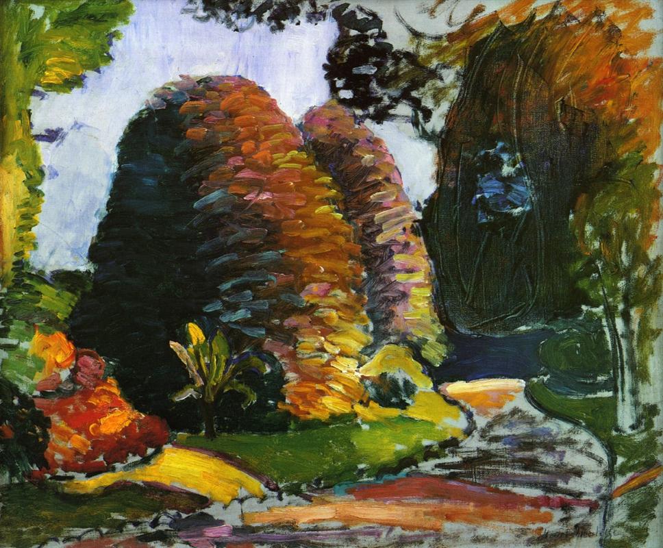 Vibrant landscape with two rounded, topiary-like trees in warm oranges and violets at center, a curving path crossing the foreground, bright lawn greens, red-orange shrub at left, dark green grove with a small blue opening at right, and a pale lilac sky; paint applied in short, stacked strokes.