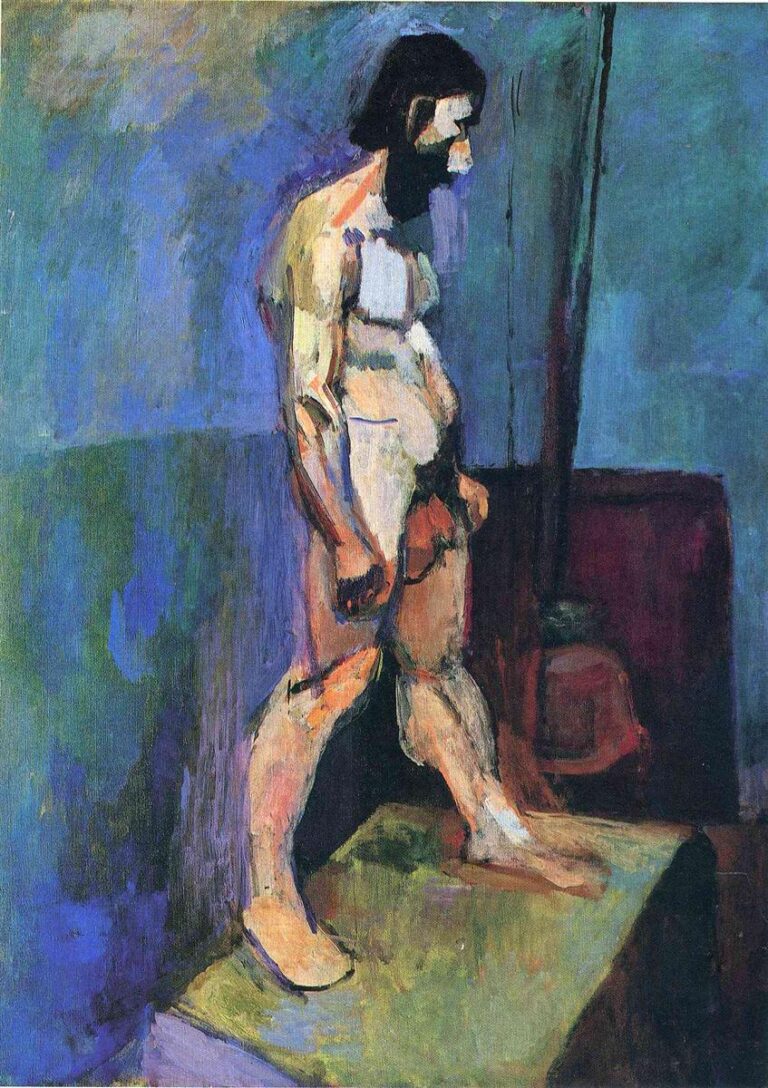 Standing bearded nude in three-quarter profile on a raised platform, modeled with planes of peach, ochre, and violet against a cool blue-green studio background with simplified vertical and horizontal color fields.