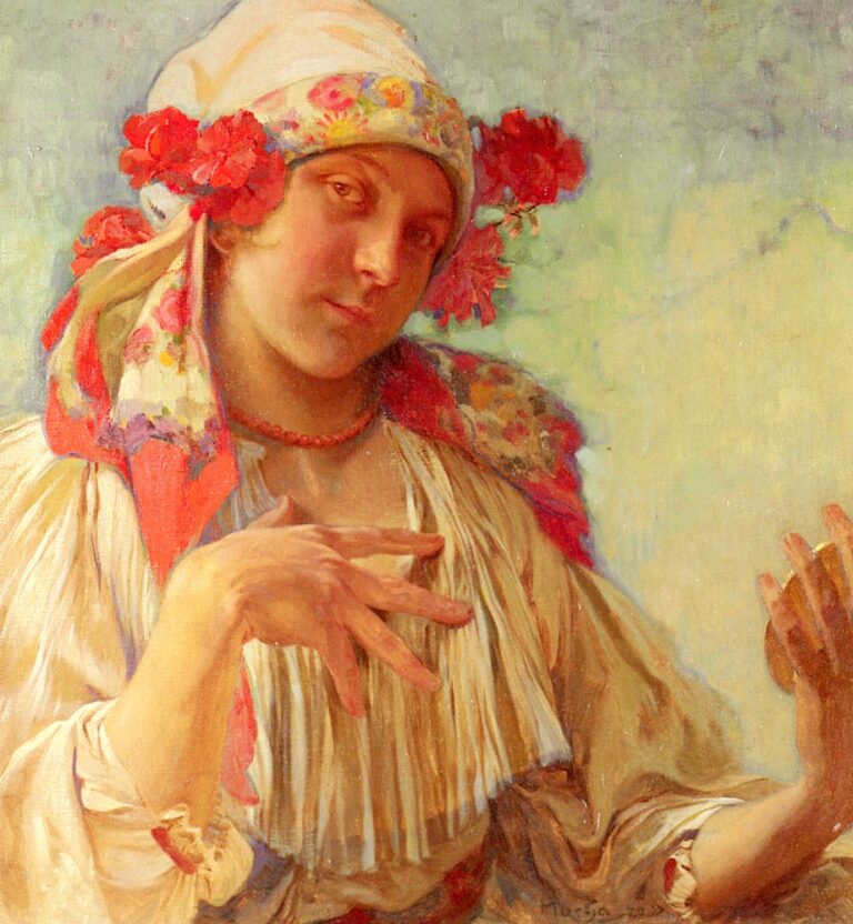 Oil portrait by Alphonse Mucha of a young woman in Moravian folk costume, wearing a floral headscarf with red blossoms at her ears, a coral bead necklace, and a pleated white blouse; one hand spreads gracefully while the other holds a small round object against a soft blue-green background.