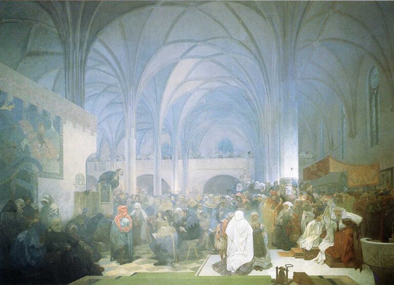 Vast interior of Bethlehem Chapel painted by Alphonse Mucha: soaring blue-gray Gothic vaults crown a dense congregation. Jan Hus leans from a small pulpit at left, a white-clad figure kneels near center, and townspeople, scholars, and nobles gather under banners and galleries, all bathed in cool, diffused light.