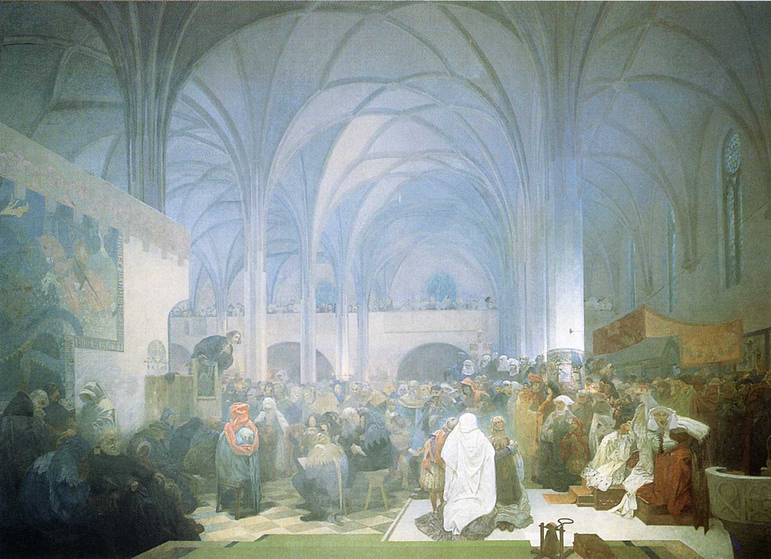 Vast interior of Bethlehem Chapel painted by Alphonse Mucha: soaring blue-gray Gothic vaults crown a dense congregation. Jan Hus leans from a small pulpit at left, a white-clad figure kneels near center, and townspeople, scholars, and nobles gather under banners and galleries, all bathed in cool, diffused light.