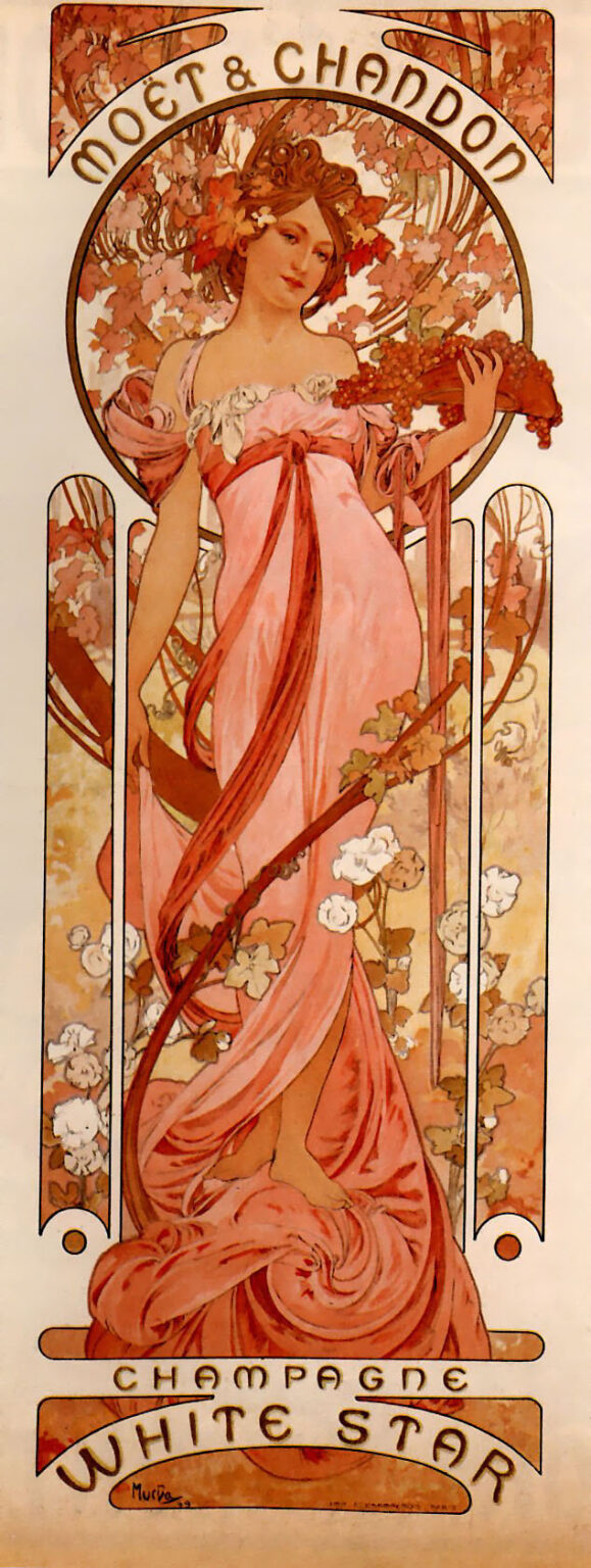 Tall Art Nouveau poster by Alphonse Mucha for Moët & Chandon “White Star” showing a barefoot young woman in a flowing pink gown framed by a circular halo and three vertical panels, holding grapes and surrounded by curling vines; arched “MOËT & CHANDON” at top and curved “CHAMPAGNE WHITE STAR” at bottom in warm rose, apricot, and olive tones.