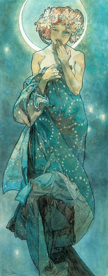 Tall Art Nouveau panel by Alphonse Mucha showing a flower-crowned woman haloed by a crescent moon, draped in a turquoise, star-patterned shawl, holding a finger to her lips as fabric billows in a soft blue night.