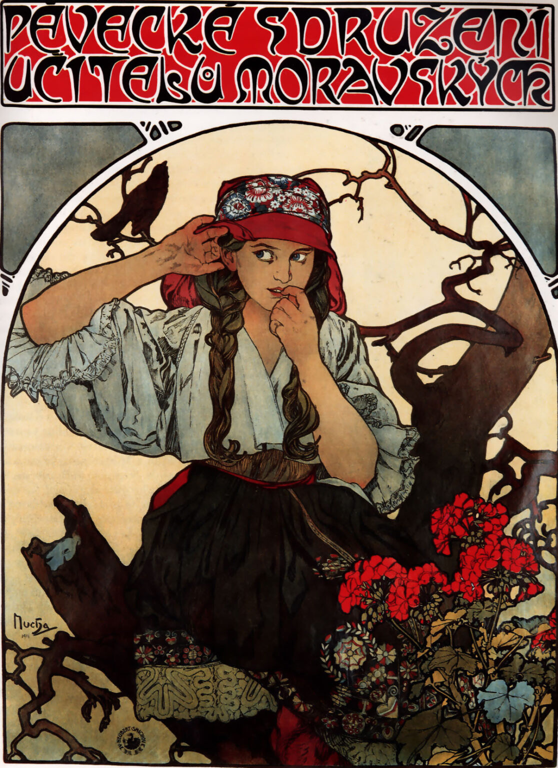 Art Nouveau poster by Alphonse Mucha showing a Moravian girl in folk costume seated among twisting tree branches, one hand cupped to her ear and the other near her lips, with bright red geraniums at lower right and a black bird perched on a branch; a bold red headline in Czech crowns the scene within a circular frame.