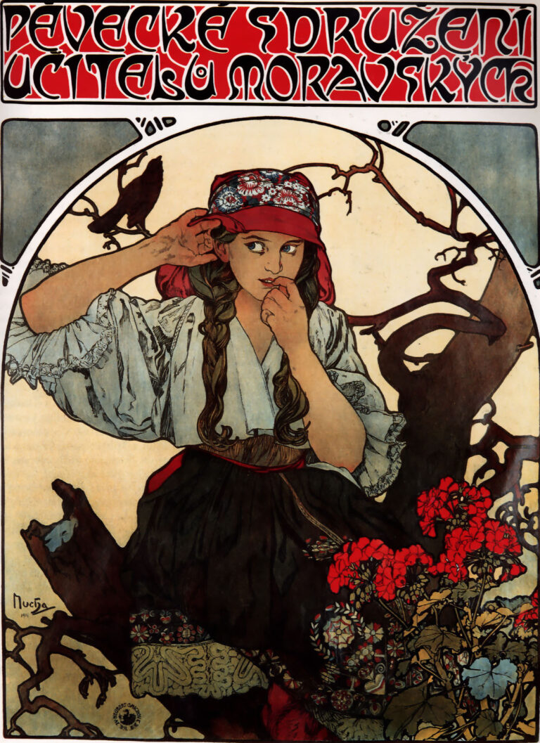 Art Nouveau poster by Alphonse Mucha showing a Moravian girl in folk costume seated among twisting tree branches, one hand cupped to her ear and the other near her lips, with bright red geraniums at lower right and a black bird perched on a branch; a bold red headline in Czech crowns the scene within a circular frame.