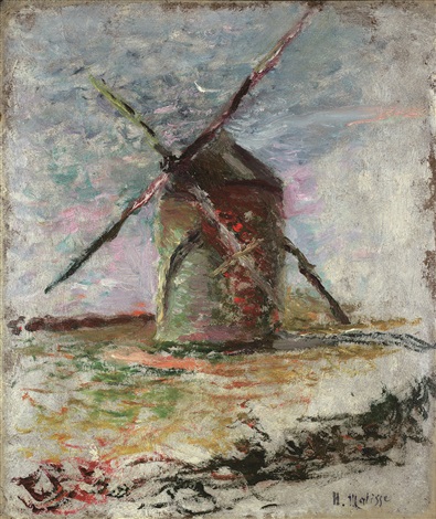 A compact landscape with a central windmill whose four dark sails form a large X against a breezy sky of blue-gray, lilac, and pink. The cylindrical tower is modeled with warm reds and cool greens; the low foreground is a pale, scrubby field with rough strokes suggesting wind and light.