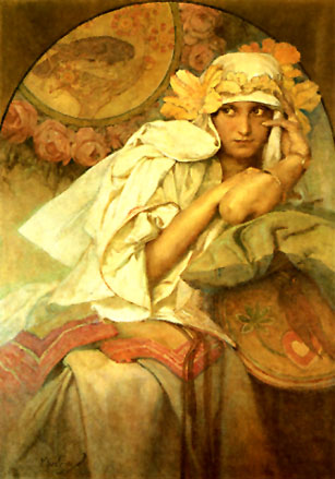 Intimate painting by Alphonse Mucha of a seated woman in profile, veiled in creamy drapery with pale blossoms near her head; she leans her cheek on a wrapped hand and gazes to the side. A soft roundel and rose garland curve behind her, while embroidered textiles and cushions rest in the foreground, all in warm earth and petal tones.