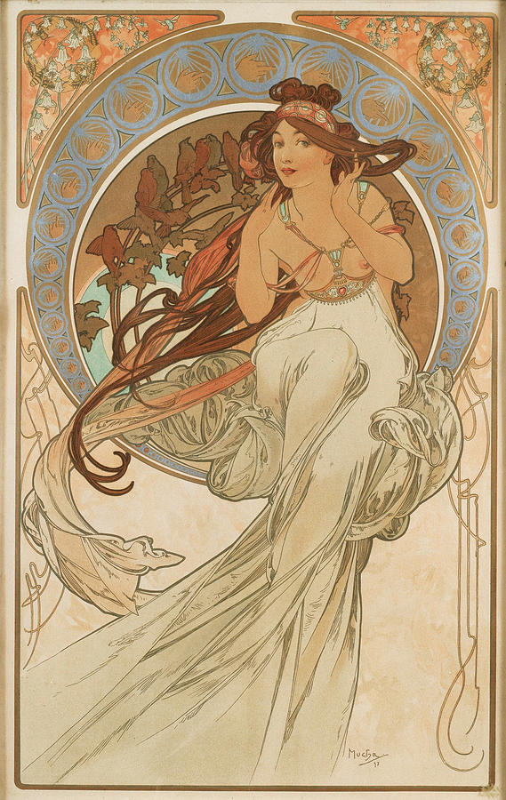 Art Nouveau panel by Alphonse Mucha titled “Music” showing a seated woman in flowing white drapery within a blue circular halo, long red-brown hair streaming in curves, bellflower silhouettes behind her, patterned spandrels above, and a warm parchment background, 1898.