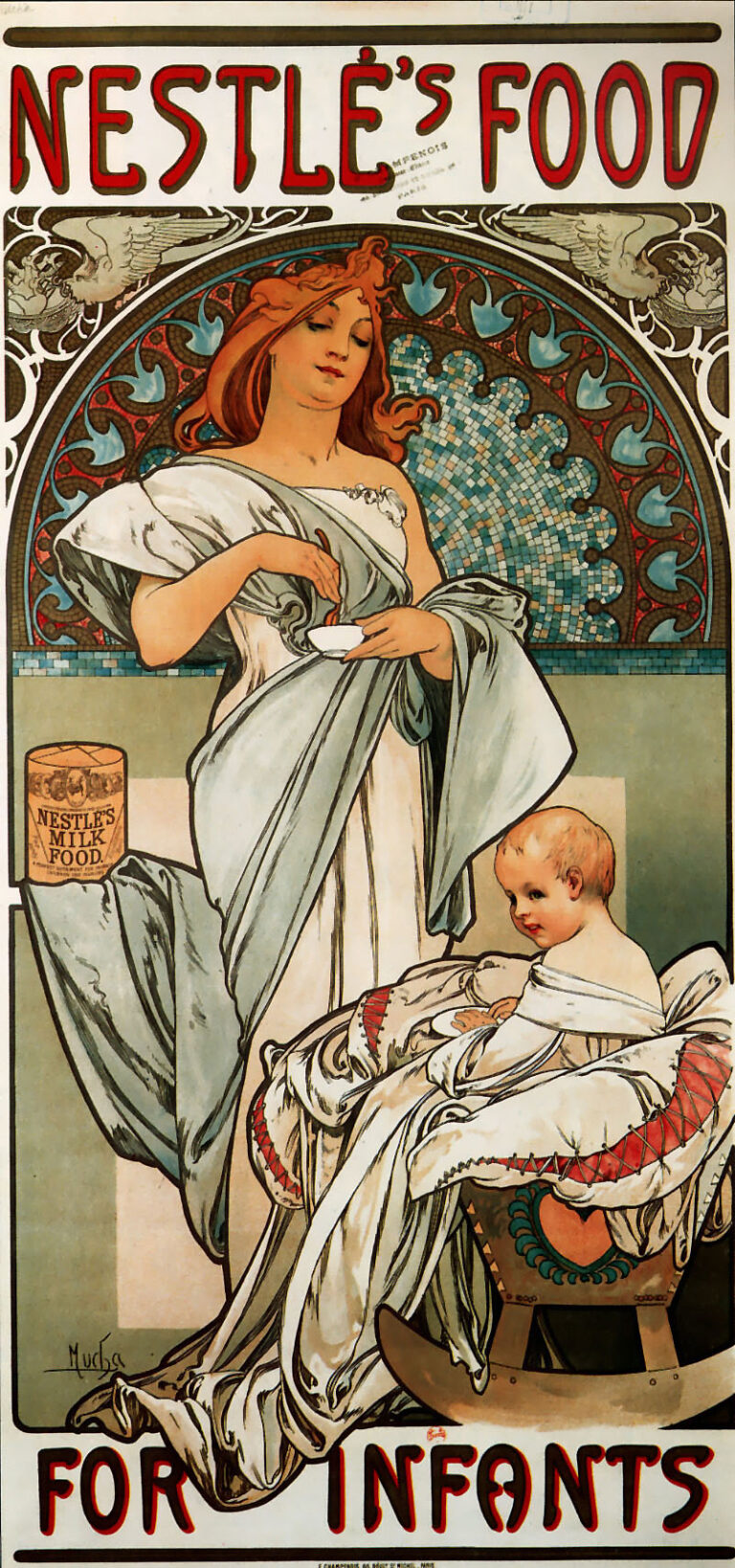 Tall Art Nouveau poster by Alphonse Mucha showing a calm young mother stirring a small bowl while a rosy infant, bundled in a rocking cradle, holds a dish. A circular mosaic halo and winged ornaments frame the scene; bold red lettering reads “Nestlé’s Food … For Infants.” A tin of “Nestlé’s Milk Food” sits on a shelf at left. 1897.