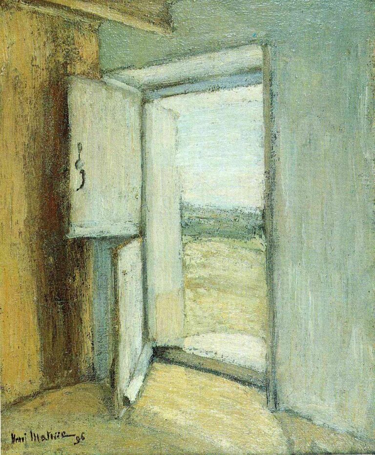A quiet interior shows an open doorway painted in pale grays and creams; the right wall is cool and flat, the left wall warm and rubbed, and a curved band of light falls across the floor while a distant strip of landscape and sky appears beyond the threshold.