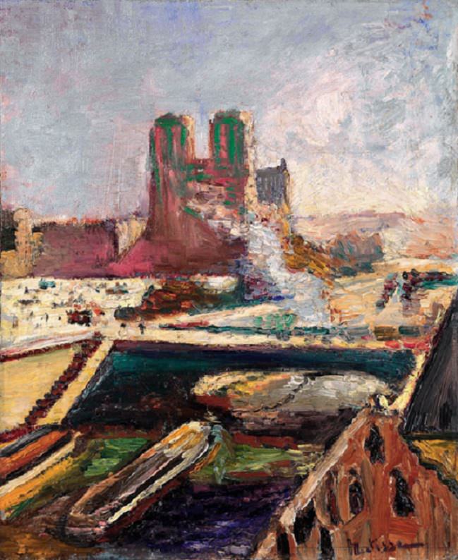Thickly brushed cityscape of Paris showing Notre-Dame’s twin towers in rosy reds with green accents, a dark teal Seine and bridge across the middle, angled rooftops in the foreground, and a pale, hazy sky diffusing light over the scene.