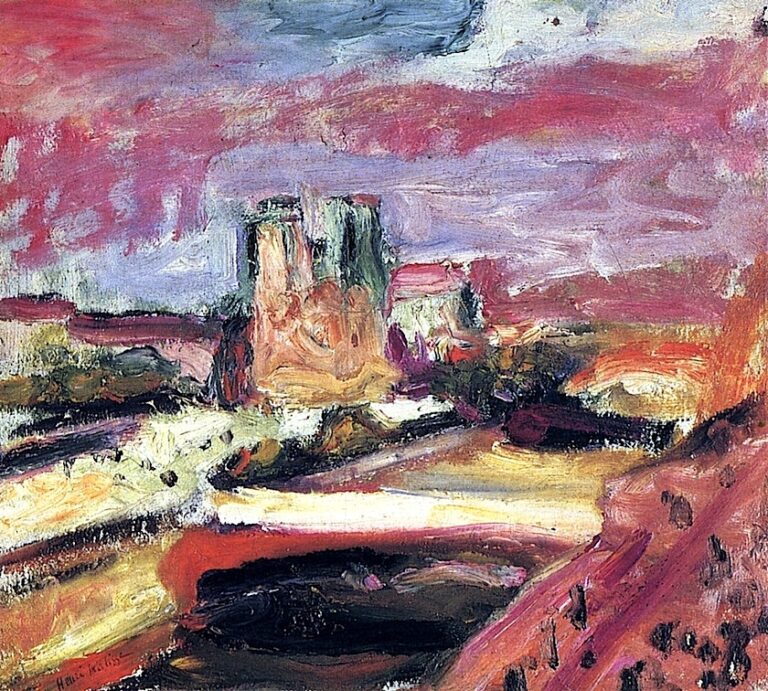 Expressionistic view of Notre Dame from the Left Bank with a rose and lavender evening sky, creamy light on the quays, a dark oval of the Seine in the foreground, and the cathedral’s twin towers rendered in thick, warm strokes amid simplified rooftops and trees.