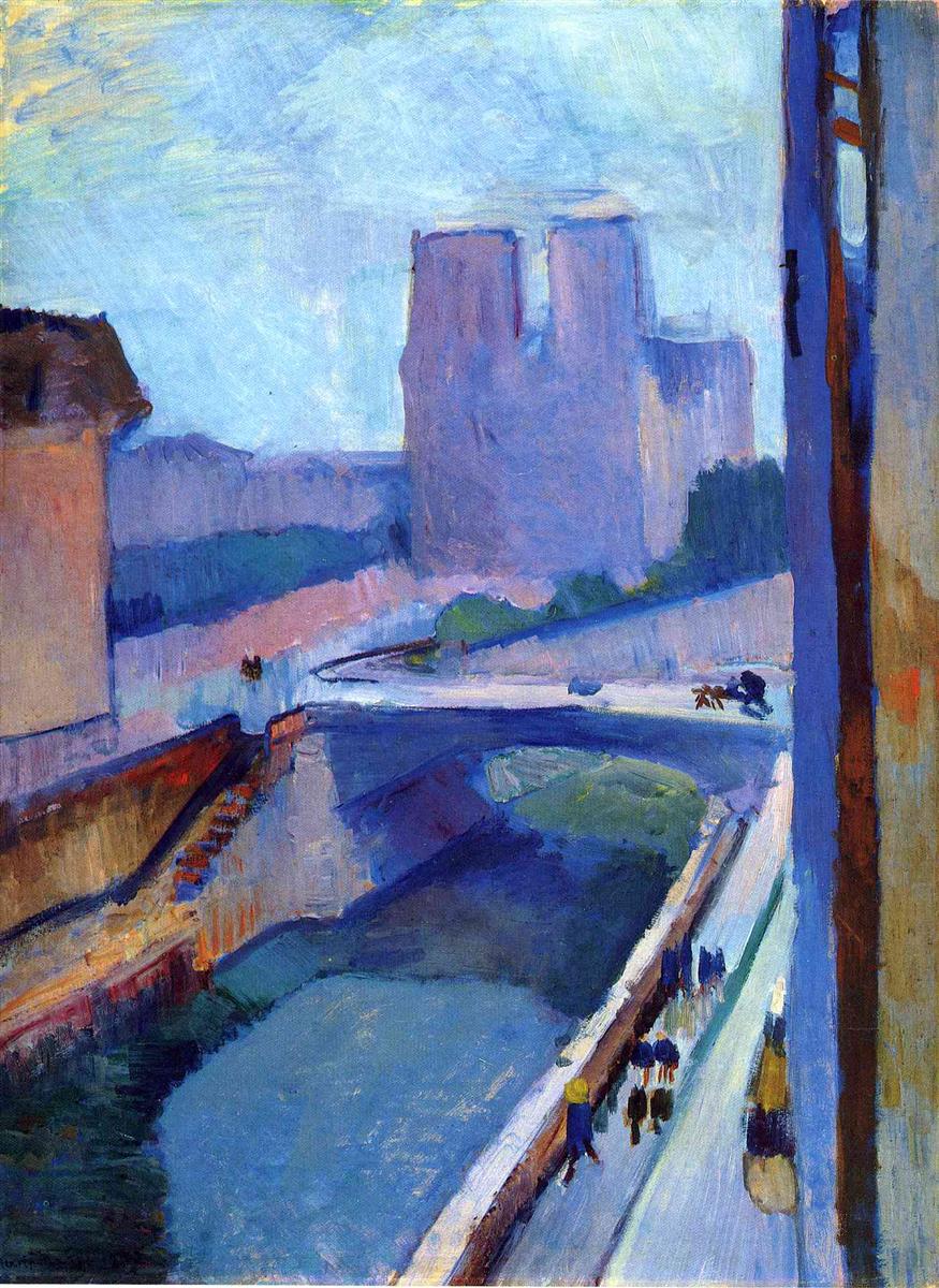 High window view of the Seine toward Notre-Dame under a pale blue evening sky; simplified twin-tower silhouette of the cathedral, curved bridge and quays, dark river wedge at lower left, small figures on a light promenade, and a warm ochre window jamb framing the right edge; painted in broad, cool strokes.