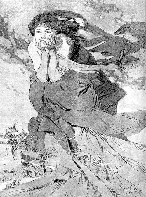 Monochrome drawing by Alphonse Mucha of a wind-swept woman leaning forward with cheeks cupped in her hands as hair, scarves, and skirts stream behind; clouds, bent grasses, and flying birds echo the motion across a slanting autumnal landscape.