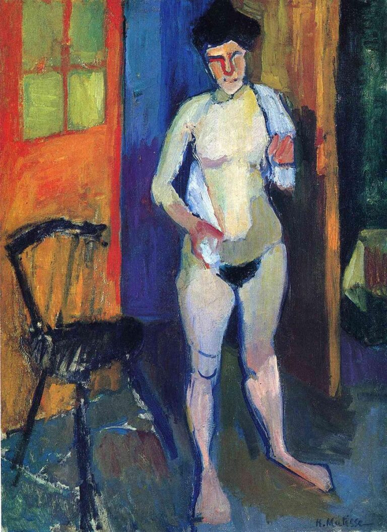 Standing nude woman holds a white towel in a color-blocked interior; orange door and deep blue wall frame her pale, cool-toned body, a black chair tilts at left, and a warm doorway opens at right; bold contours and visible brushstrokes define forms.