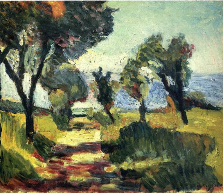 A bright Mediterranean landscape with a path cutting through an olive grove; thick brushstrokes form dark, leaning trunks and rounded canopies; sunlit yellow grass alternates with cool blue shadows; distant water or sky glimmers at the right under a pale, breezy sky.