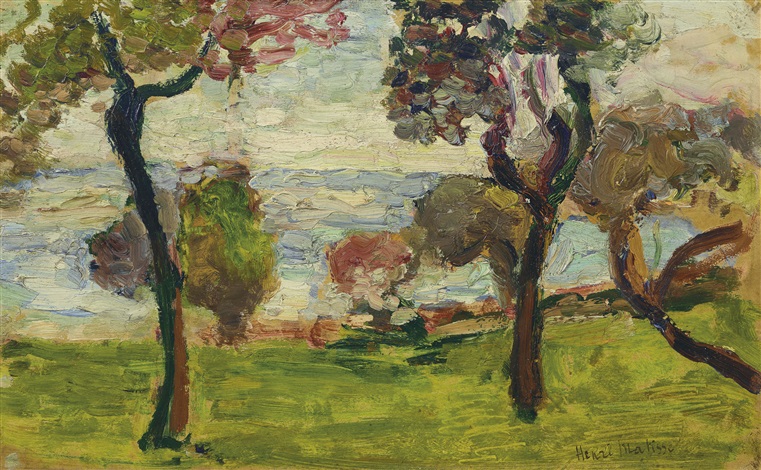 Small landscape of a grassy green foreground with several tall, dark tree trunks and loose pink-violet foliage; through gaps between the trees a pale band of water and sky glows in soft blues and creams. Paint is thick and textured, with visible brushstrokes creating a lively, sunlit scene.